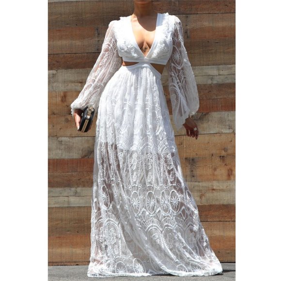 Bohemian White Embroidered Lace Cut Out Lace Up Back Boho Maxi Dress - Picture 2 of 8